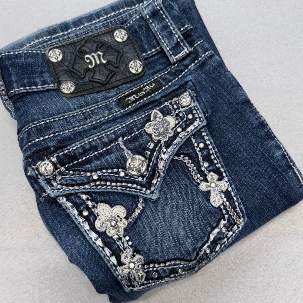 Miss Me Bootcut Jeans Womens 25 Low Rise Rhinestone Fleur De Lis Cross Bling